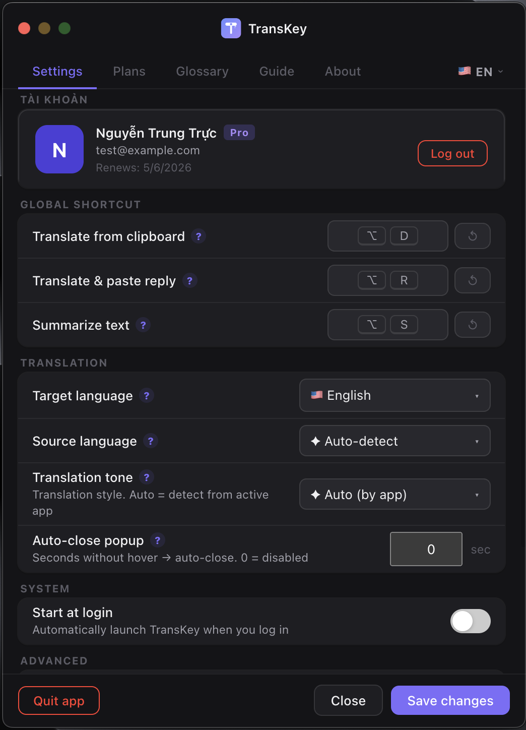 TransKey settings screen
